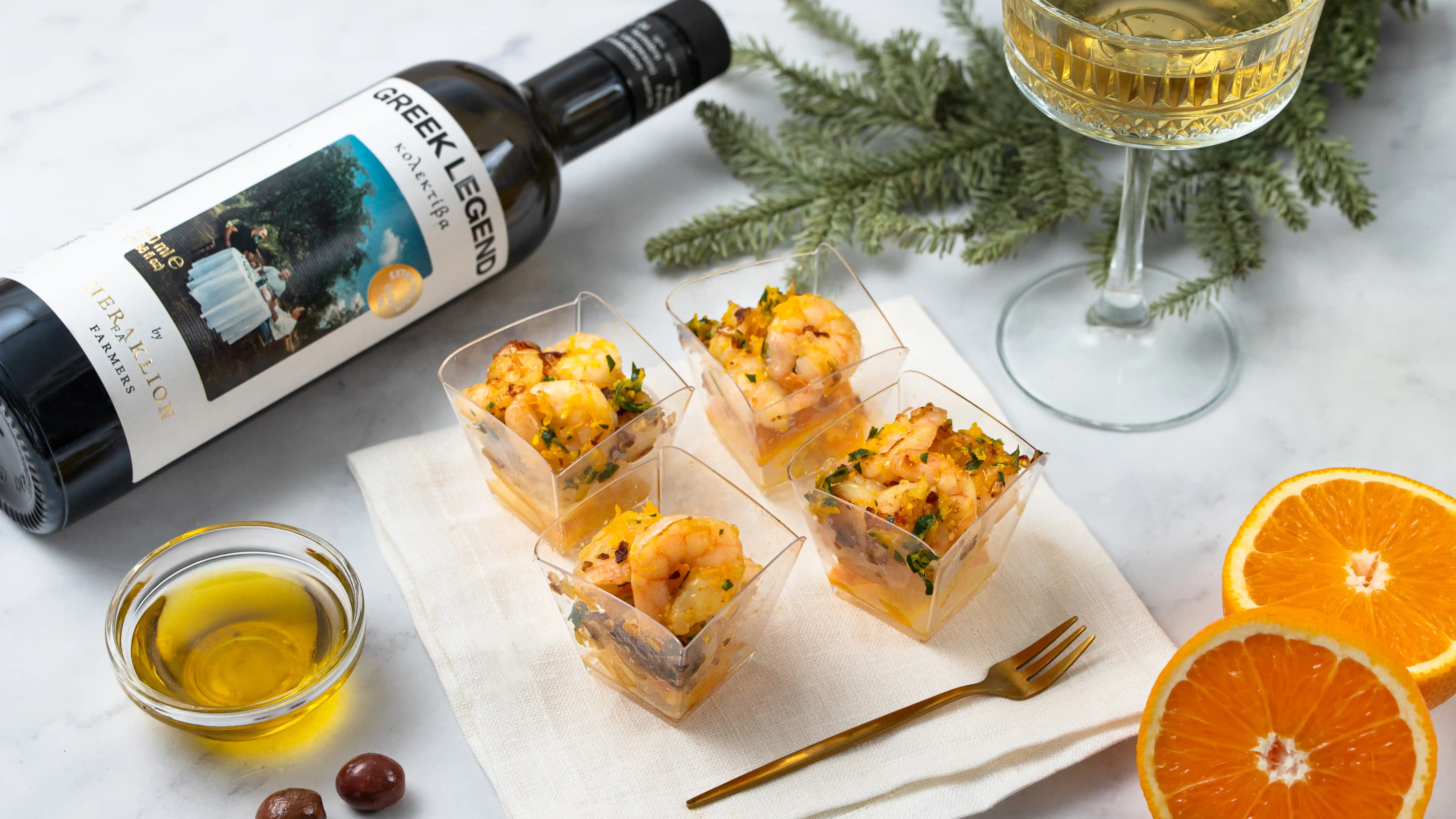 Креветки в оливковом масле с чесноком, шампанским и апельсиновой цедрой